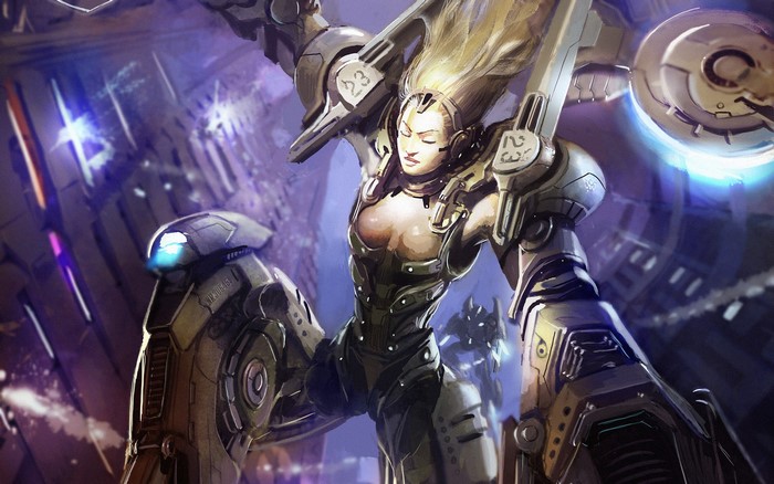 Female cyborg warrior with mechanical arms in futuristic city