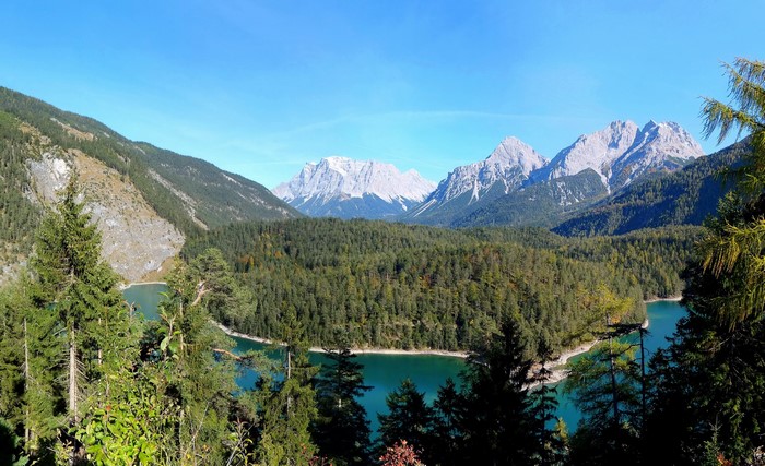 Lake surrounded by forest and mountains