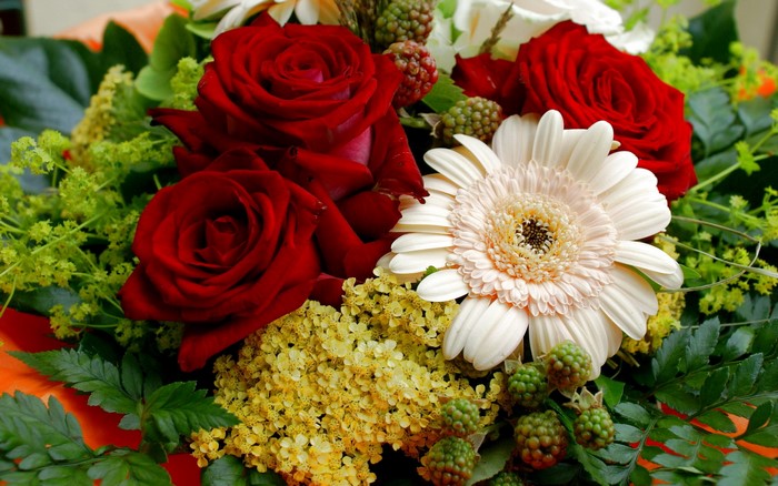 Bouquet of red roses and white gerbera daisy