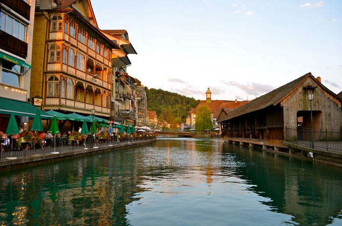 Canal in Thun, Switzerland with outdoor dining