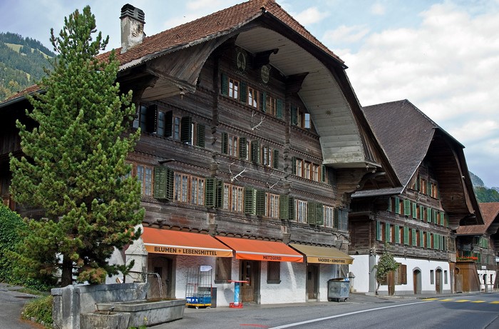 Traditional wooden buildings in Erlenbach, Switzerland