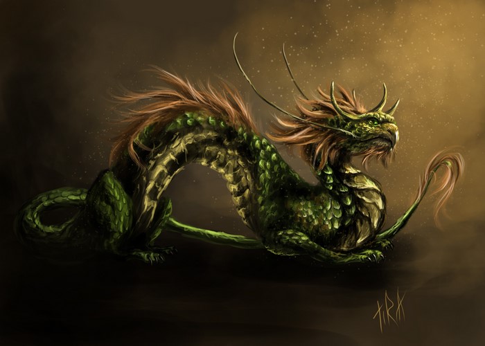 Green dragon with orange mane and tail