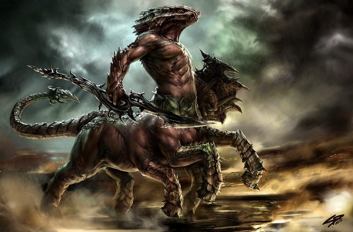 A monstrous centaur creature with a sword