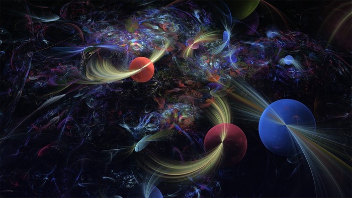 Abstract fractal art with planets and light trails