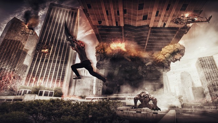 Prototype Alex Mercer fighting monsters in a destroyed city