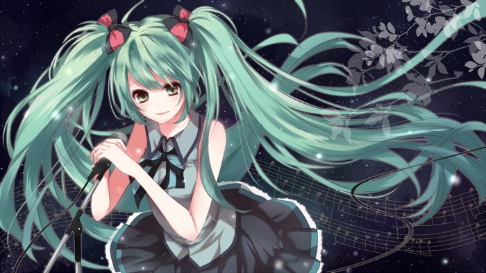 Hatsune Miku singing with a microphone