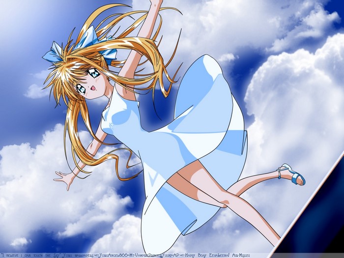 Anime girl with blonde hair in a white dress flying in the sky