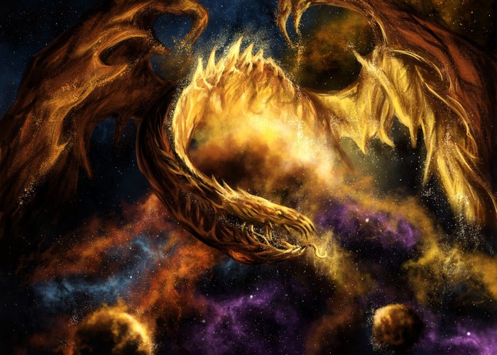 Golden Dragon in Cosmic Nebula