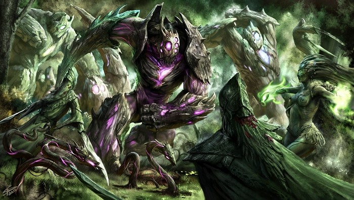 Fantasy creatures battling in a forest