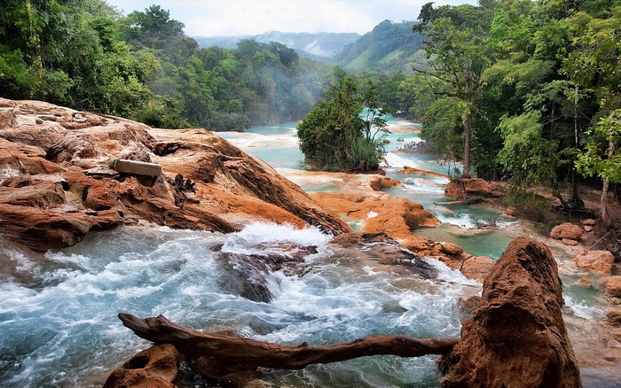 Cascading turquoise waterfalls in a lush jungle