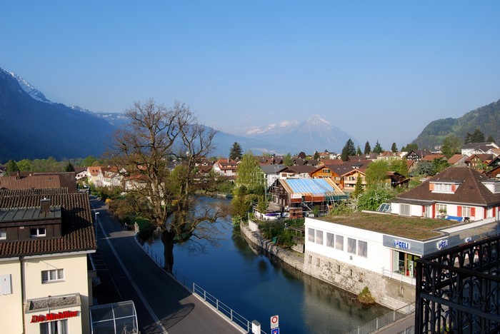 Unterseen, Switzerland with mountains and river