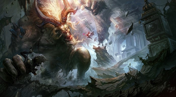 Giant monster fighting a small warrior in a ruined temple
