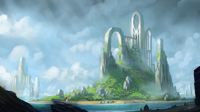 Fantasy island with ancient ruins and a lone figure