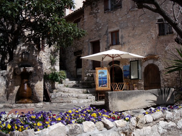 Stone buildings and flowers in Eze, France