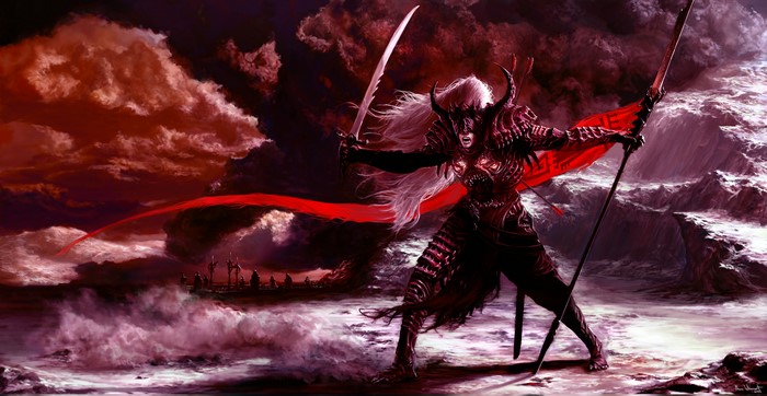 Warrior with sword and spear in red sky