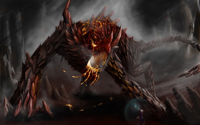 Giant fiery monster fighting a small warrior