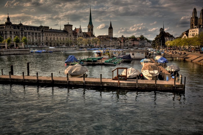 Boats docked on a pier in Zurich, Switzerland