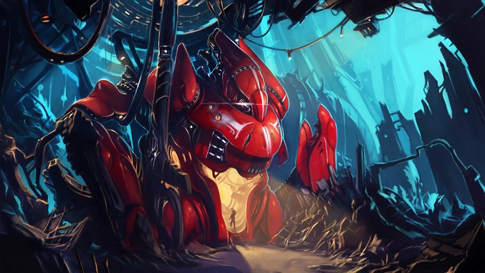 Red Mech Warrior in Futuristic Industrial Setting