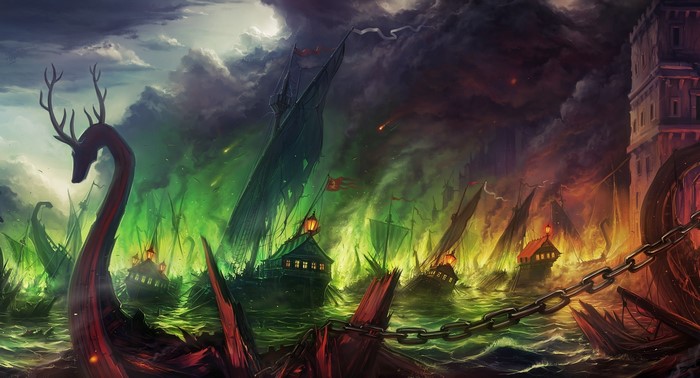 Fantasy naval battle with dragon-like ship
