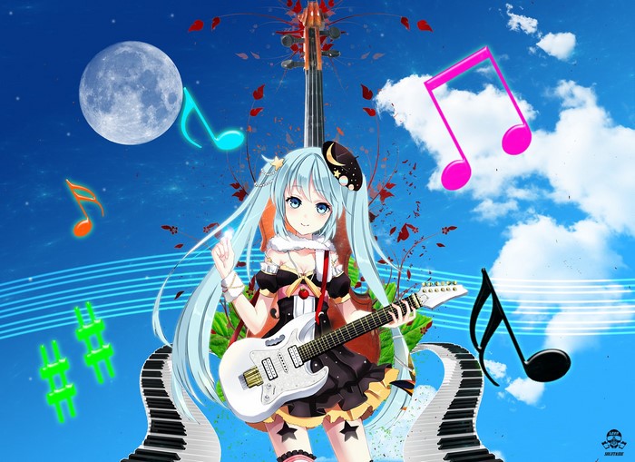 Anime girl with guitar and musical notes