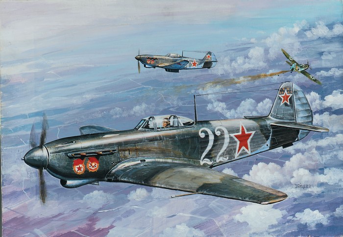 Painting of Soviet fighter planes in flight