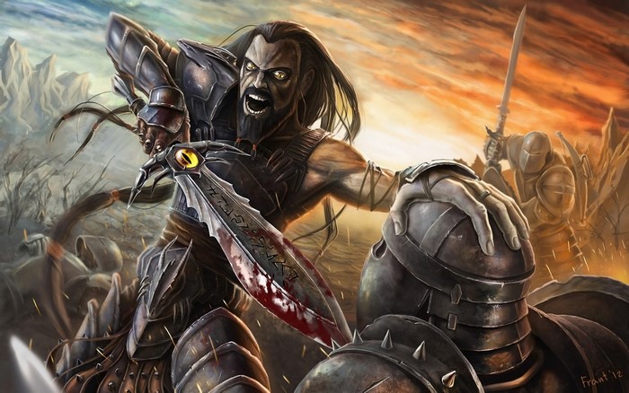 Warrior with bloody sword fighting armored soldiers