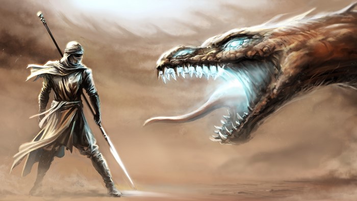 Warrior fighting a dragon in a desert