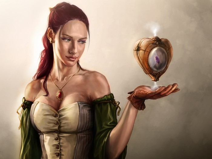 Woman holding a steampunk heart-shaped potion