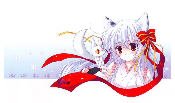 Kitsune girl with a small fox companion