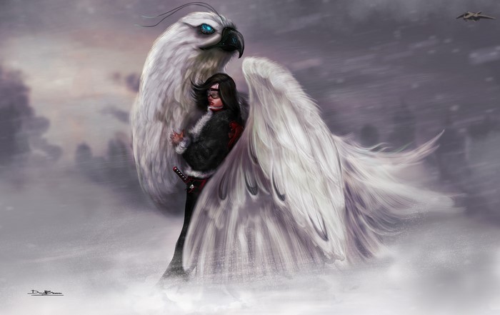 Warrior with a large white bird in the snow