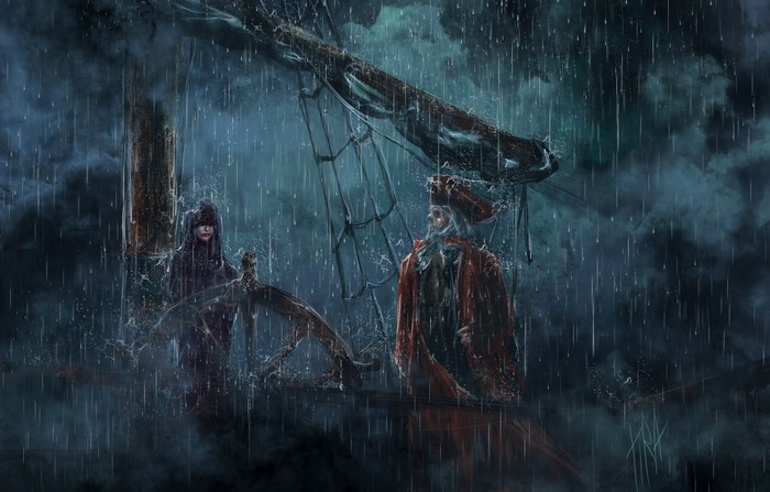 Pirates on a Ship in the Rain at Night