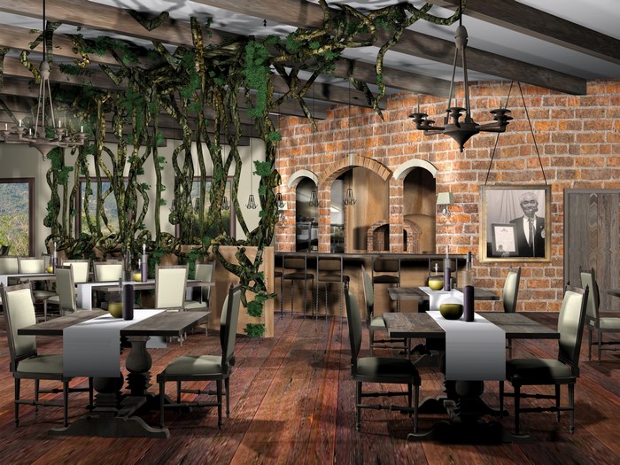 Restaurant interior with tables, chairs, and brick walls