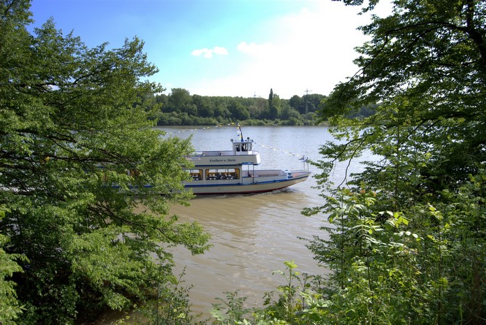 Passenger boat on a wide river surrounded by trees