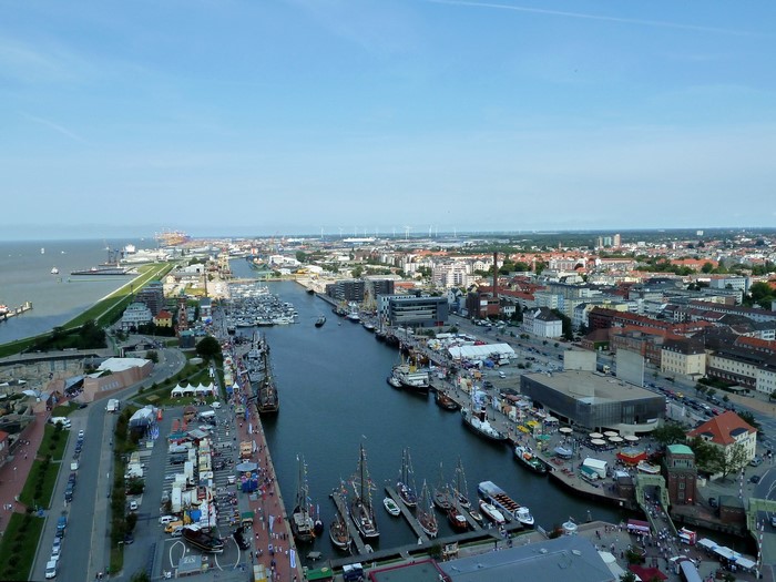 Aerial view of a busy harbor in Bremerhaven, Germany