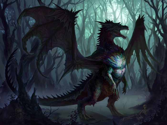 Dragon in a dark, misty forest