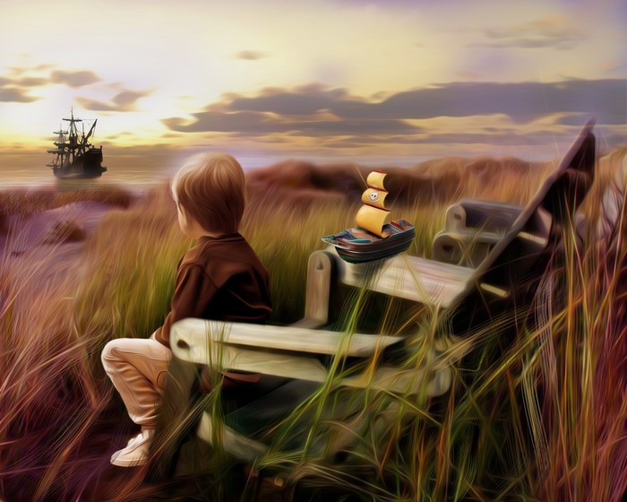 Boy on bench looking at pirate ship
