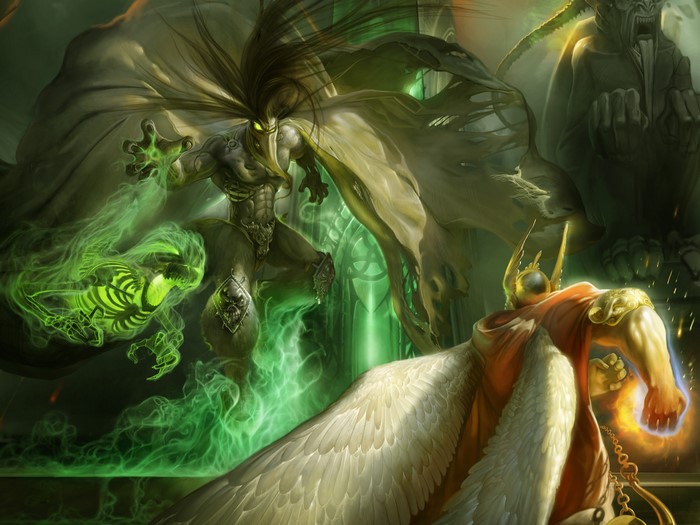 Two fantasy characters battling with magic
