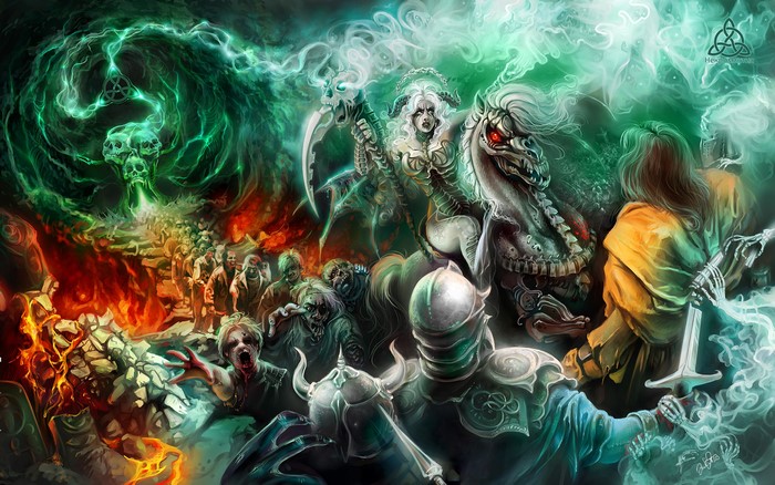 Demonic Horse Rider with Scythe and Undead Horde