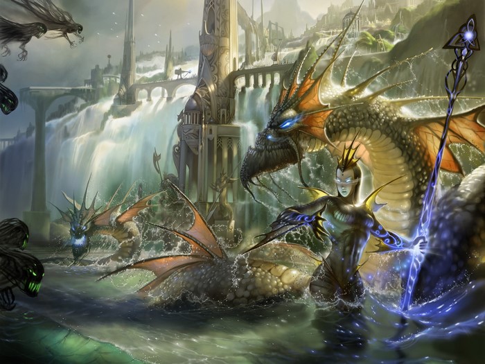 Fantasy battle with dragons and a sorcerer