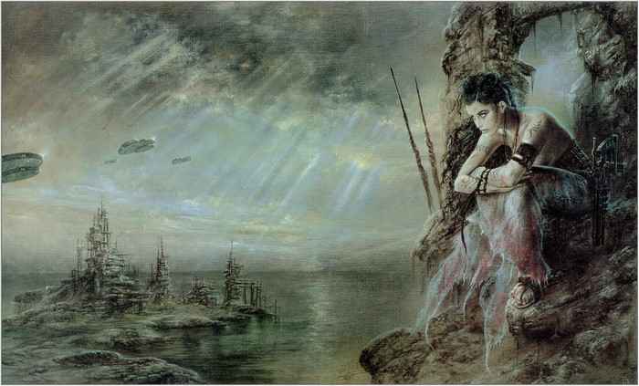 Woman in cave overlooking futuristic city and flying vehicles