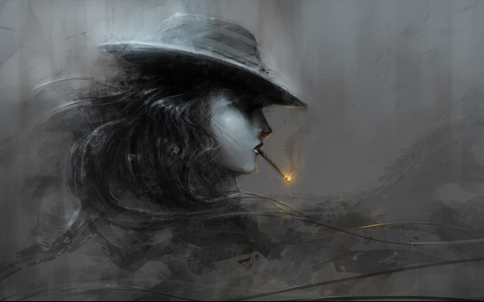 Woman in hat smoking a cigarette
