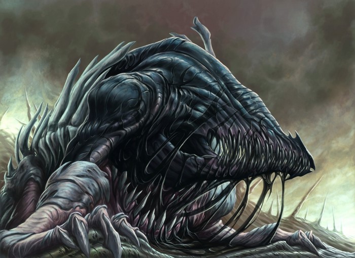 A grotesque alien monster with sharp teeth and claws