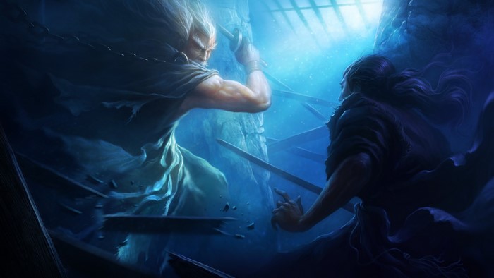 Two warriors clash swords in a dark, blue-lit environment