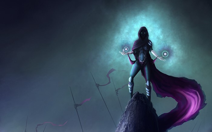 Hooded figure casting magic on a rocky outcrop