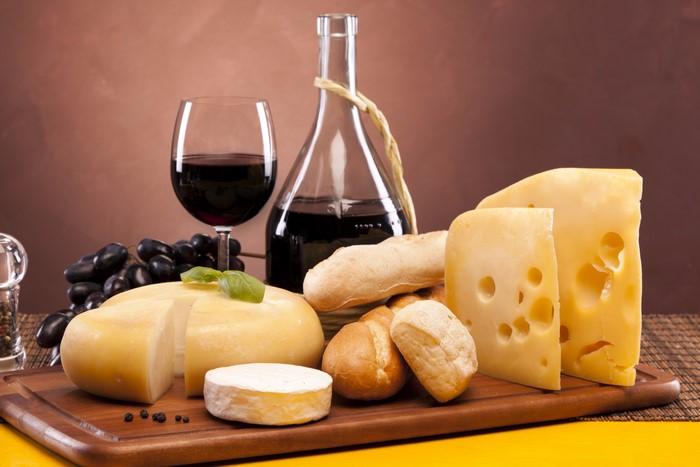 Cheese, Bread, Grapes, and Wine