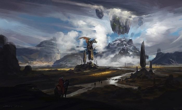 Fantasy landscape with floating islands and a dragon statue