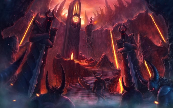 Demons in a fiery hellscape with a dark tower