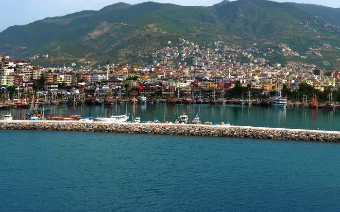 Harbor in Alanya, Turkey with boats and mountains