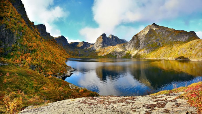 Mountains and lake in Lofoten, Norway during autumn