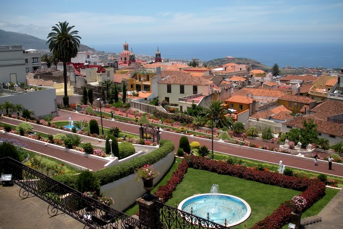 Townscape with gardens and ocean view in Canary Islands